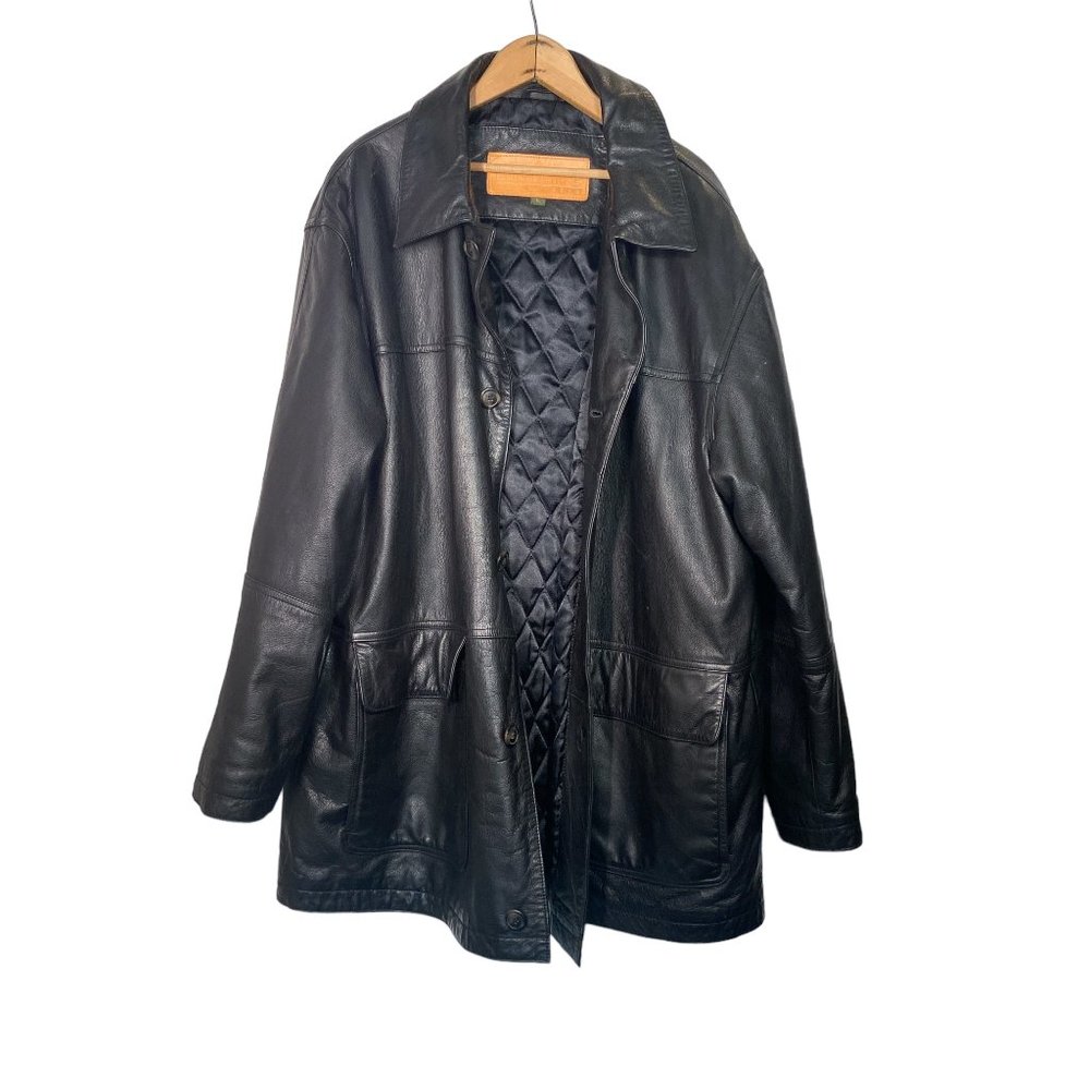 Timberland Weathergear VINTAGE Black Genuine Leather Long Jacket Coat LARGE